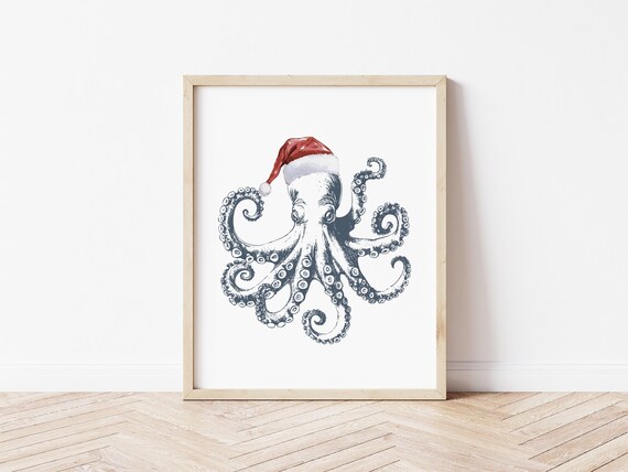 Coastal Christmas Santa Octopus Wall Art •  In Santa Hat • Nautical Decor • Holiday Beach Home