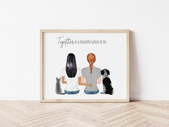 Together is Beautiful Lesbian Couple Portrait: Custom Family Print with Pets (Digital Download)