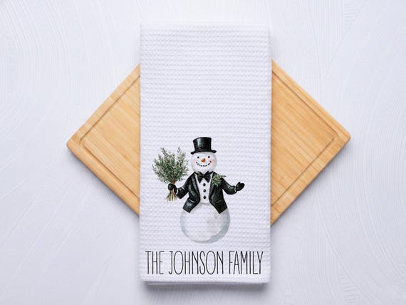Snowman in Tux Personalized Black Christmas Hand Towel for Kitchen and Bath