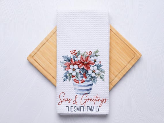 Seas and Greetings Coastal Christmas Seaside Bouquet Hand Towel for Nautical Kitchen & Bathroom