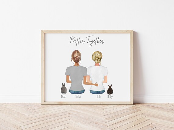 Better Together Lesbian Couple Portrait: Personalized Pet Family Art (Digital Download)