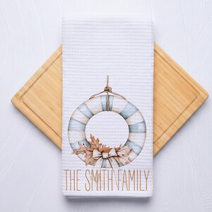 Fall Coastal Wreath Personalized Coastal Hand Towel for Kitchen and Bathroom