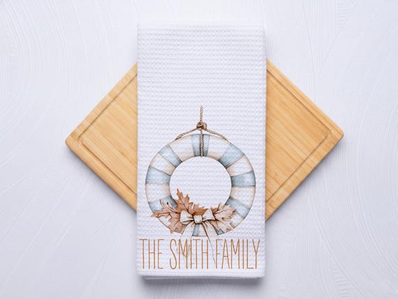 Fall Coastal Wreath Personalized Coastal Hand Towel for Kitchen and Bathroom