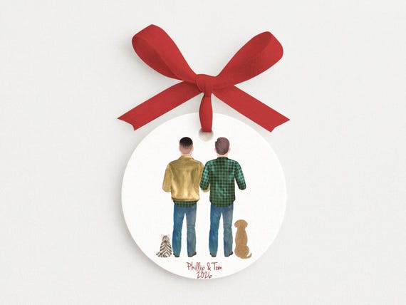 Personalized Ornament for Gay Couple with Pets Portrait