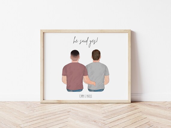 He Said Yes Personalized Gay Couple Portrait with Pets, Digital Download