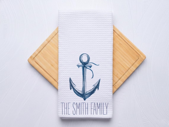 Watercolor Anchor Hand Towel for Kitchen and Bath, Personalized Coastal Beach Home Decor