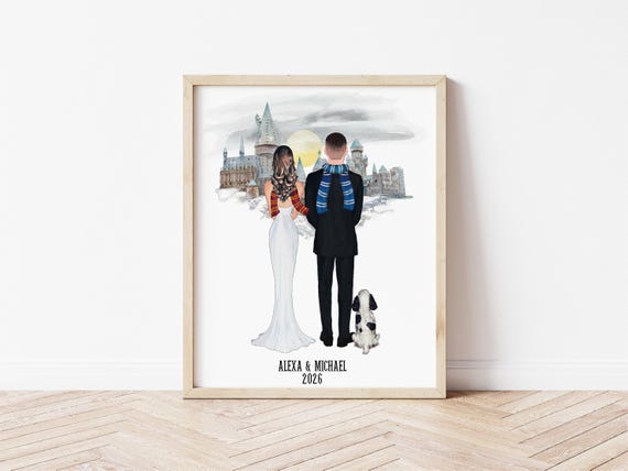 Wizard Wedding Theme Digital Download, Personalized Portrait With Bride, Groom and Pets