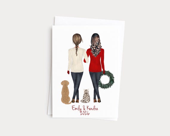 Lesbian Couple Frameable Christmas Card Gift with Personalized Pets
