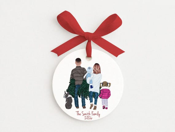 Family Christmas Ornament with Pets, Personalized Portrait Drawing