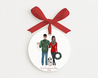 First Christmas as Three Personalized Portrait Announcement with Pets