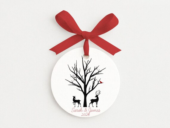 Family Name Ornament with Reindeer and Cardinal Minimalist Gift