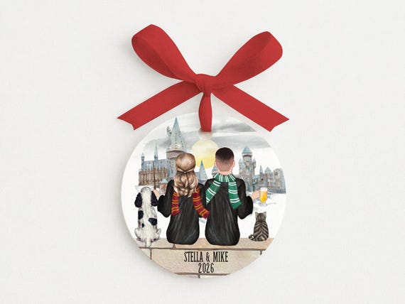 Wizard Couple Art Portrait Ornament, Custom with Pets, Our First Married or Engaged Gift