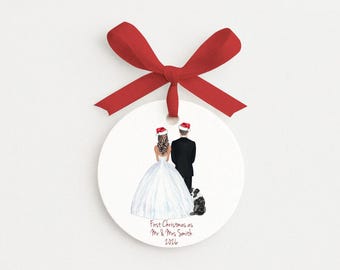 Our First Christmas Married Personalized Wedding Ornament • Couple and Pets  • Winter