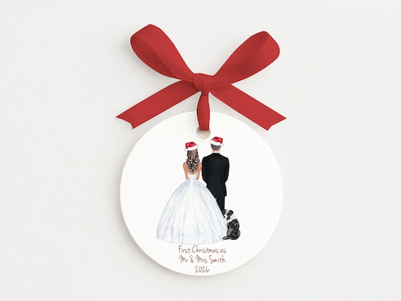Our First Christmas Married Personalized Wedding Ornament • Couple and Pets  • Winter