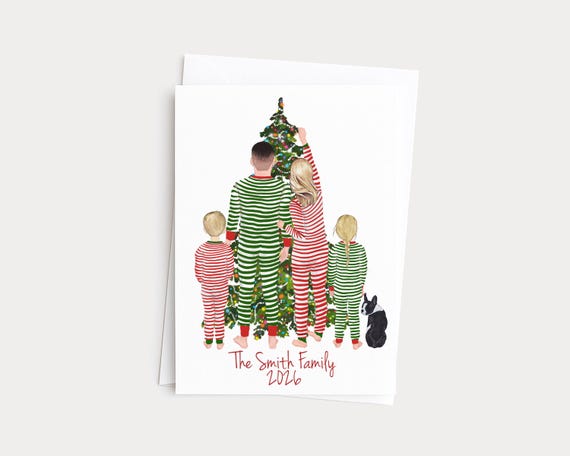 Striped Pajamas Family Portrait Christmas Greeting Card with Pets