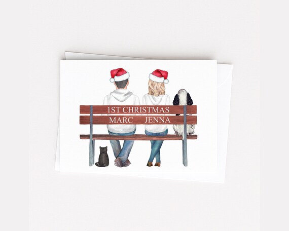 Our First Christmas Personalized Greeting Card Portrait with Pets