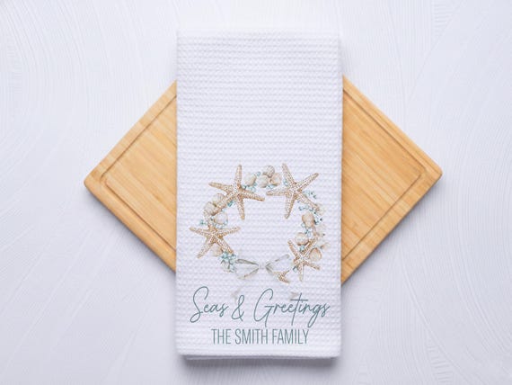 Starfish Wreath Coastal Christmas Hand Towel for Nautical Kitchen & Bathroom