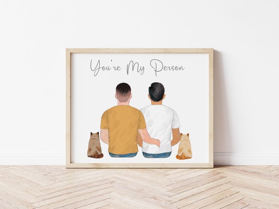 You're My Person Personalized Gay Couple Portrait with Pets, Digital Download