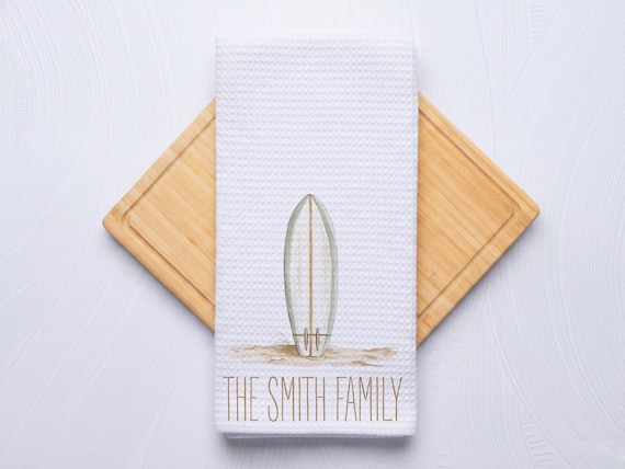 Custom Surfboard Towel for Kitchen and Bathrooms, Coastal Hostess Gift