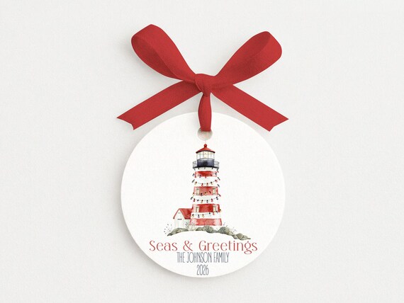 Christmas Lighthouse Personalized Family Ornament • Nautical • Beach Theme • Seas & Greetings