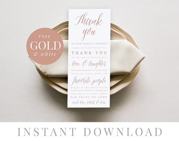 Rose Gold Wedding Thank You Card Template Instant Download Etsy