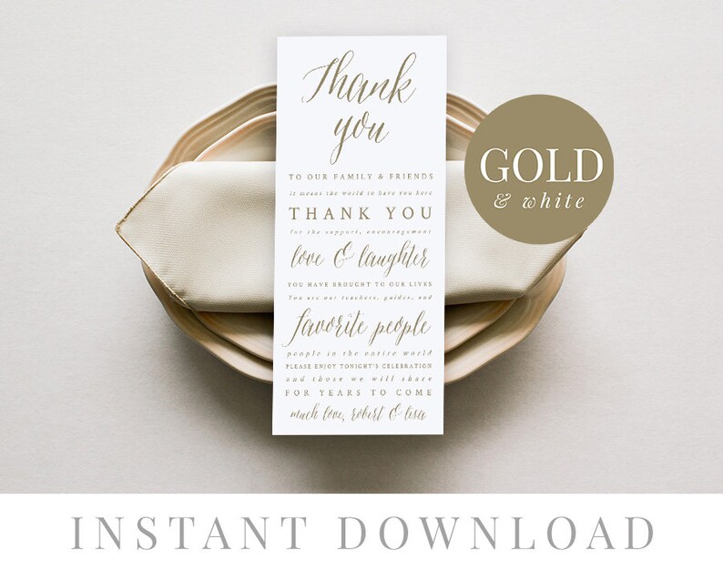Gold Wedding Thank You Card Template Instant Download Thank Etsy