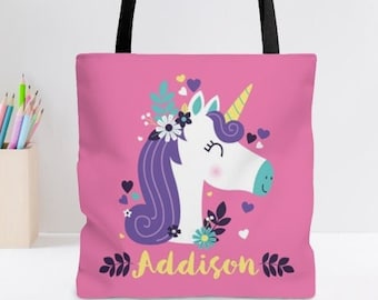Bolsa de tela personalizada de unicornio con nombre, ideal para guardería infantil, regalo de cumpleaños de unicornio para niñas, bolsa de tela personalizada para preescolar.