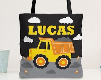 Bolsa de tela con diseño de camión volquete, regalo personalizado con nombre, bolsa para guardería infantil con diseño de construcción, bolsa personalizada para fiestas de construcción