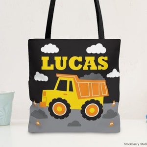 Sac fourre-tout pour camion à benne basculante Cadeau personnalisé avec nom Sac de garderie pour garçons Construction Sac de cadeaux personnalisé pour fête de construction