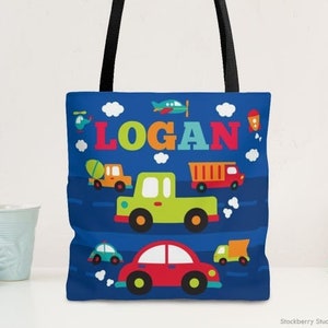 Transportation Tote Bag Personalized Gift with Name Cars Truck Vehicle Boys Daycare Bag School Custom Transportation Party Treat Favor Bag image 1