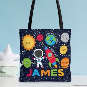 Espace sac fourre-tout cadeau personnalisé avec nom planètes vaisseau spatial garçons garderie sac enfants école personnalisé fusée système solaire traiter faveur sac