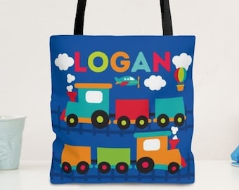 Bolsa de tren personalizada con nombre para niños, ideal para guardería o preescolar. Bolsa personalizada para fiestas escolares.
