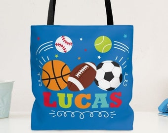 Sports Tote Bag Personalized Sports Theme Camp Summer Vacation Beach Bag Birthday Party Favor Football Soccer Basketball Baseball Tennis