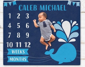 Personalized Baby Milestone Blanket - Whale Ocean Fleece Throw 30x40 Inches, Newborn Gift, Name Customizable - View #8