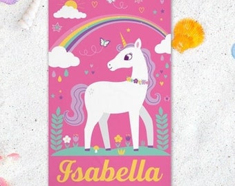 Unicorn Beach Towel for Kids Personalized Girl Beach Towel with Name Summer Children Pool Towel Rainbow Beach Towel Bath Towel Custom