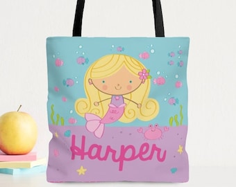 Bolsa de sirena personalizada, bolsa de mano, bolsa para la biblioteca/guardería de niñas, bolsa personalizada de sirena para la playa/piscina, bolsa de regalo de cumpleaños de sirena para niñas, bolsa de obsequio para fiestas