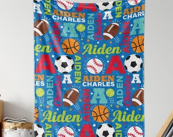 Sports Baby Name Blanket Personalized Basketball Soccer Baseball Football Tennis Nursery Bedding Toddler Boy Blanket Boys Baby Shower Gift