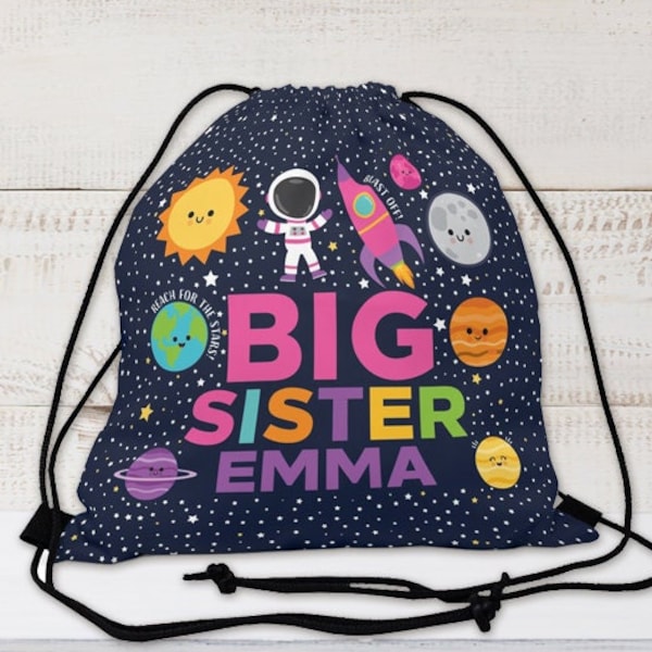 Space Big Sister Drawstring Bag Spaceship Big Sister Backpack Personalized Girl Planets Bag Outer Space Gifts for girls Rocket Ship Tote Bag