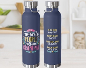 May include: A blue stainless steel water bottle with a white and pink design. The front of the bottle says "My Favorite People Call Me Grandma". The back of the bottle has a list of names and dates.