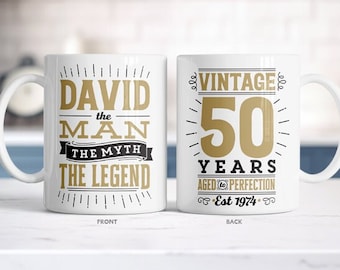 50th Birthday Gift Men Personalized Coffee Mug The Man The Myth The Legend Born in 1974 Cup for Dad Brother Friend Husband Custom