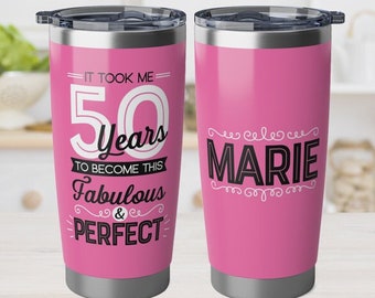 50th Birthday Gift Mug 50 and Fabulous Tumbler Cup Personalized Present for Her Mom Grandma Sister Aunt Friend Women Turning Fifty 50 Years