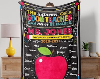 May include: Black and white chalkboard style fleece blanket with a red apple and the text "The influence of a good teacher can never be erased. Ms. Jones Woodland Elementary School 2020-2021" and a list of student names.