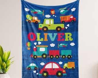 Transportation Blanket Personalized Boy Kids Name Blanket Baby Nursery Cars Trucks Train Gift Boys Throw Blanket Room Decor Cars Bedding