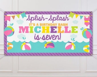 Pool Party Birthday Banner Personalized Girl Beach Ball Birthday Banner Splish Splash Birthday Waterslide Birthday Party Splash Party Decor