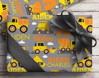 Construction Name Personalized Wrapping Paper Boy Children's Gift Wrap Christmas Vehicles Dump Truck Birthday Excavator Present Gift Kids