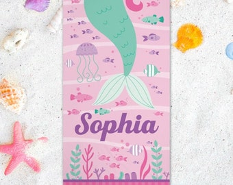 Mermaid Beach Towel for Kids Personalized Girl Beach Towel with Name Summer Children Pool Towel Ocean Sea Bath Towel Mermaid Birthday Gift