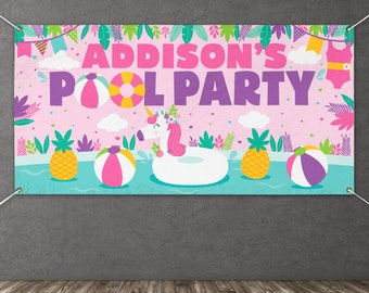 Unicorn Pool Party Birthday Banner Personalized Girl Beach Ball Birthday Banner Splish Splash Birthday Waterslide Birthday Party Decor