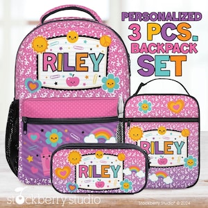 Composition Book Girl Backpack Retro Lunch Bag Pen Pouch Set Personalized Name Back to School Custom Kids Travel Vacation Bag Gift