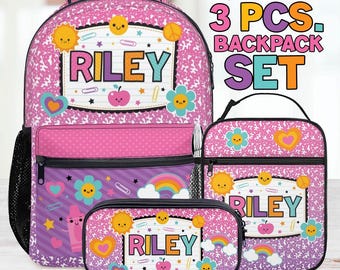 Composition Book Girl Backpack Retro Lunch Bag Pen Pouch Set Personalized Name Back to School Custom Kids Travel Vacation Bag Gift