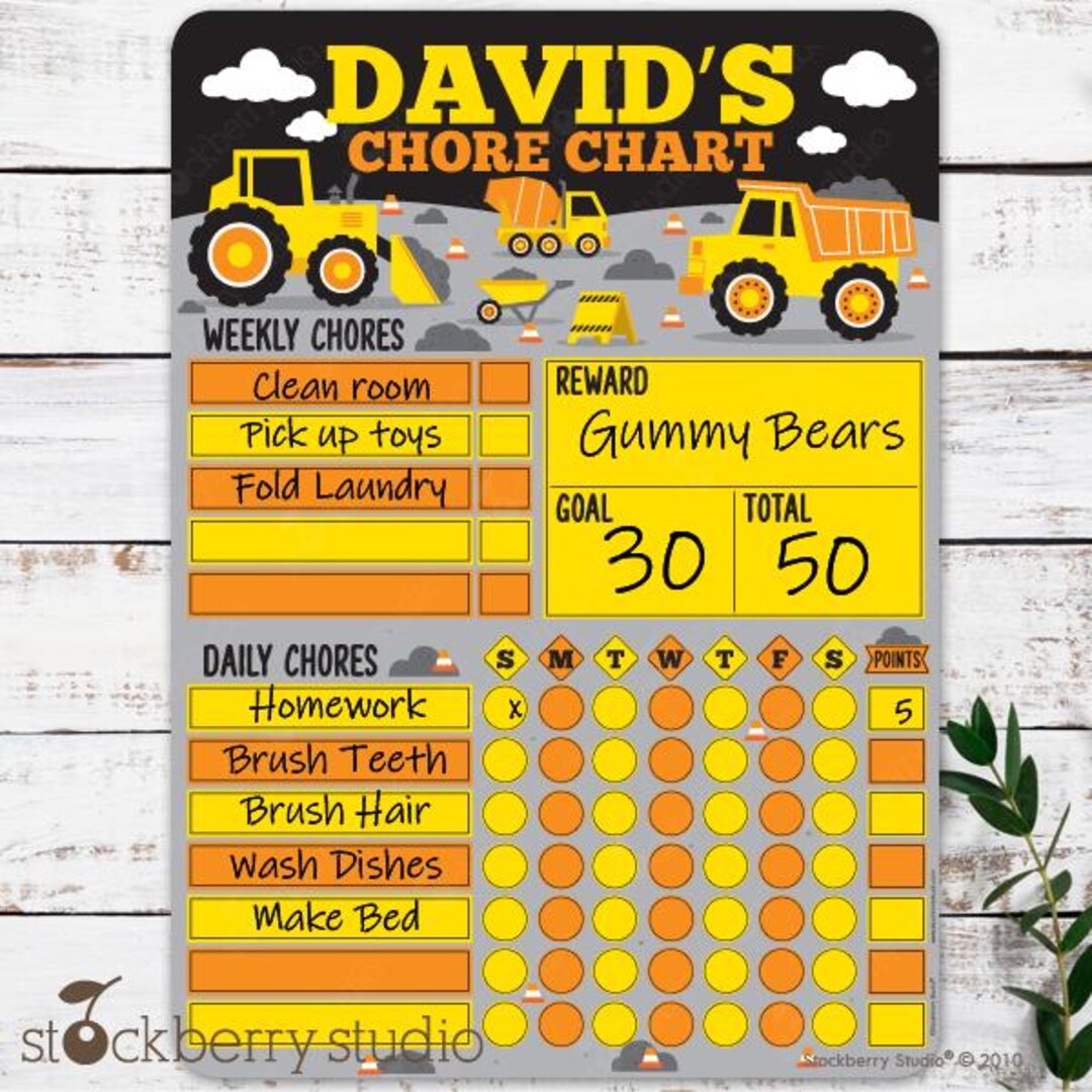 Construction Chore Chart Dry Erase Board Reusable Personalized Boy ...